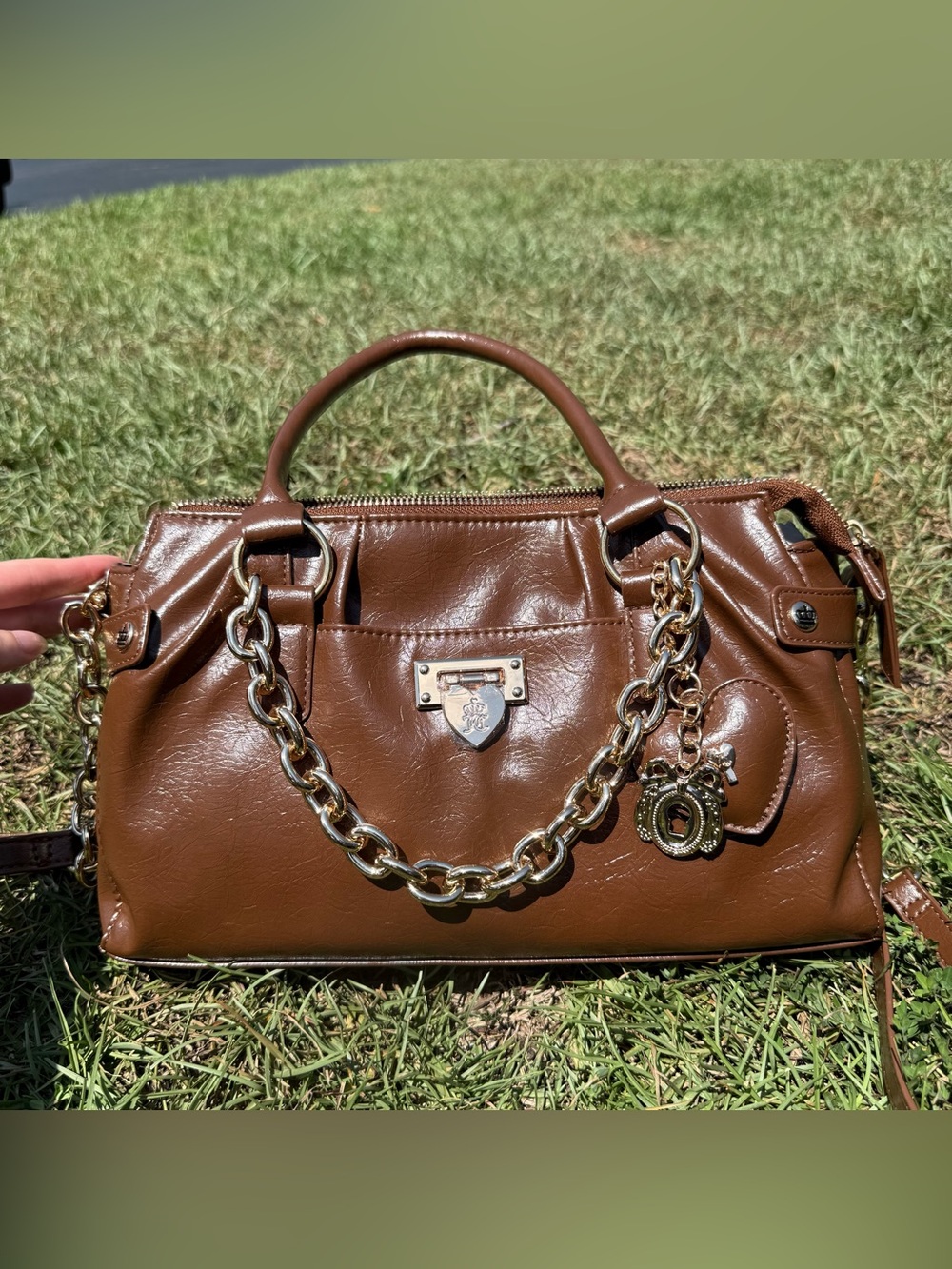 Juicy couture Brown Leather Satchel with Gold Chain Accents
